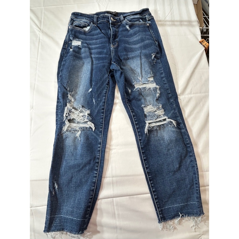Judy Blue Womens Boyfriend Fit Distressed Raw Hem Jeans Blue Size 11/30